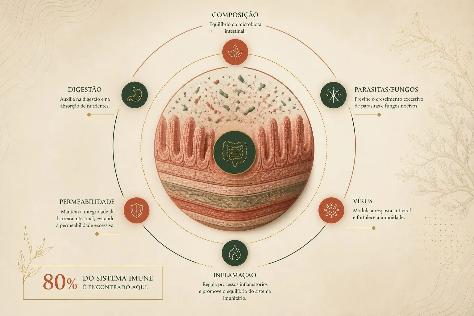Microbiota intestinal — detalhe das comunidades de bactérias, fungos e vírus